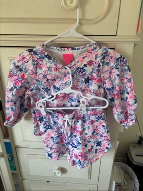 Lilly Pulitzer Pink, Navy & White Floral Top and matching shorts
